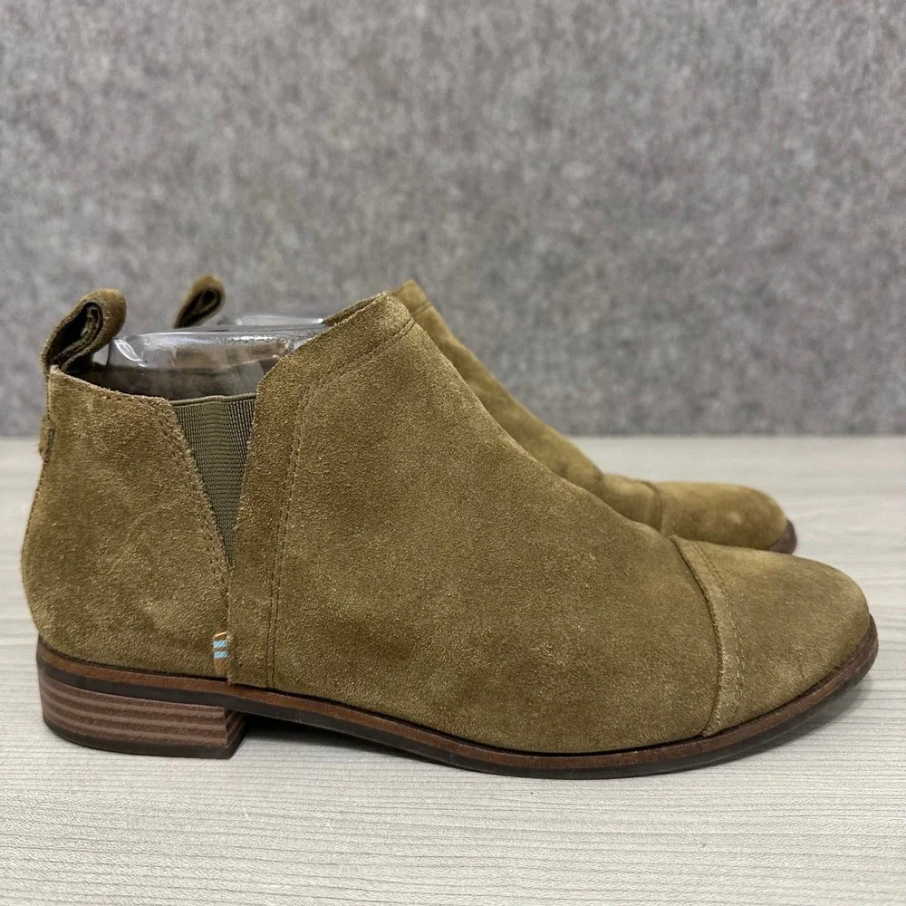 TOMS Reese Suede Ankle Booties Olive Green Women US Size‎ 7 Side Zip Boot